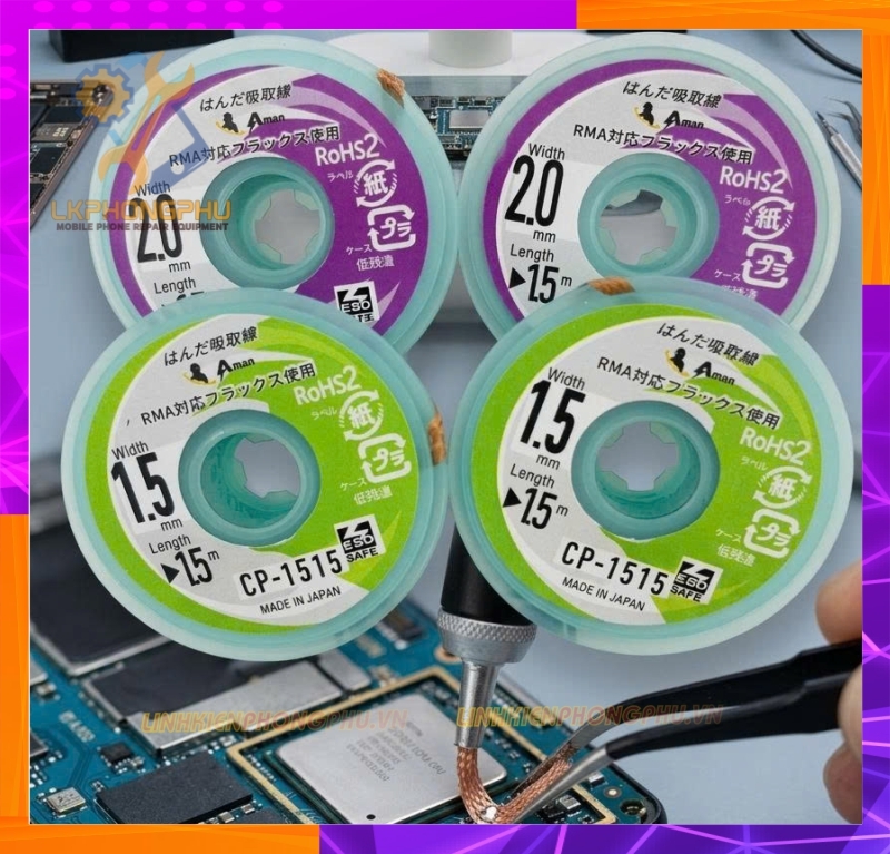Dây Hút Chì Xịn chính hãng AMan Japan Cho Thợ Sửa Điện Thoại. 2.0mm và 1.5mm - 1.5m