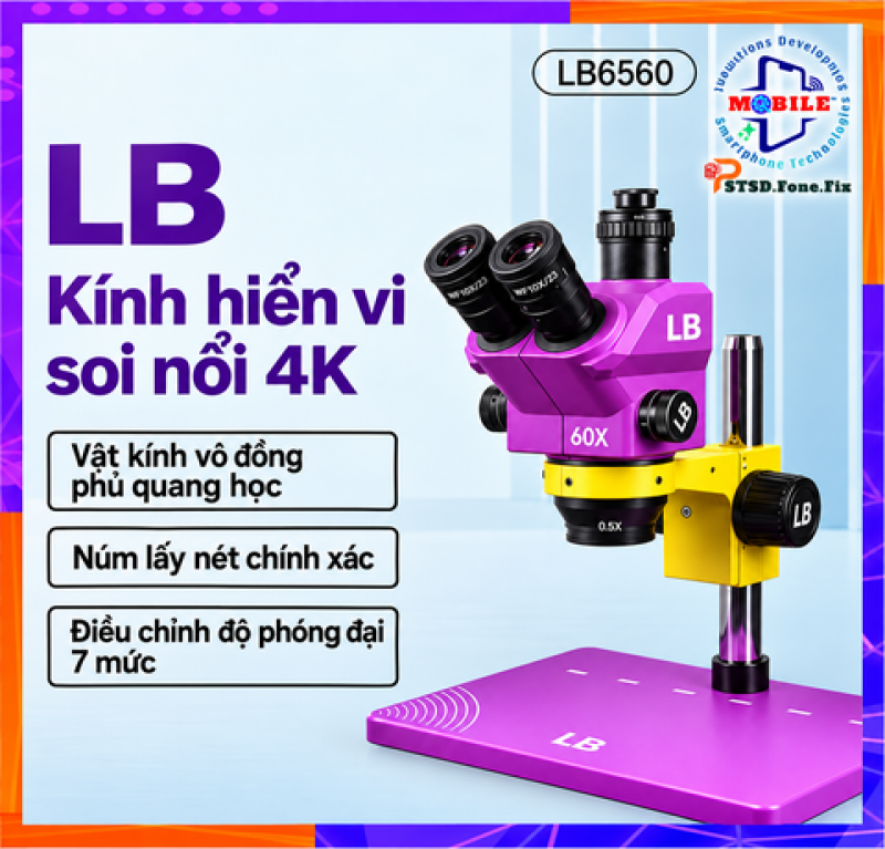 Kính hiển vi ba mắt Luban LB-6560 Zoom liên tục từ 6X đến 60X.
