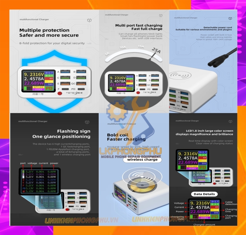 Bộ sạc USB đa năng Tensai 8 Cổng có sạc Nhanh và sạc không dây 