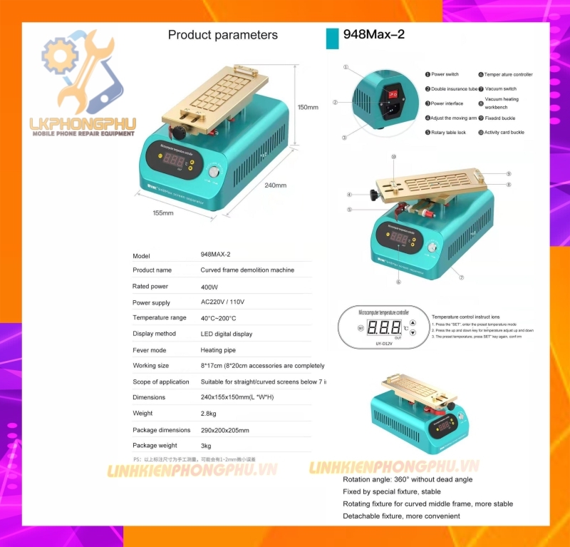 Bàn nhiệt cắt kính nguyên cây UYUE 948Max II Xoay 360°