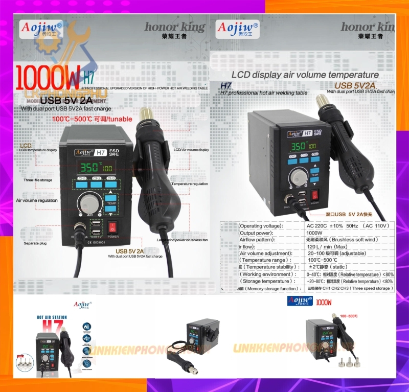 Máy Khò Aojiw H7 3 kênh nhớ kèm cổng USB 1000W / 100-500°C