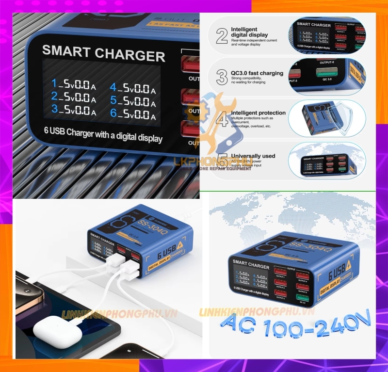 Bộ Sạc USB 6 Cổng Test Dòng Sunshine SS 304Q