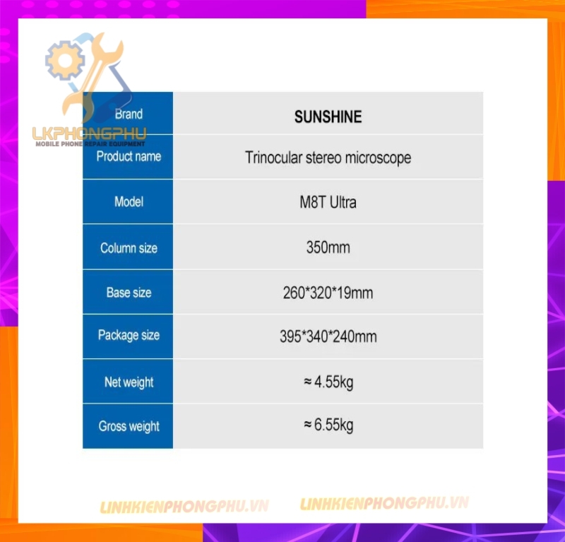 Kính hiển vi Sunshine M8t Ultra soi nổi 3 mắt (Trinocular) cao cấp cho các kỹ thuật zoom thực tế lớn từ 6X-72X