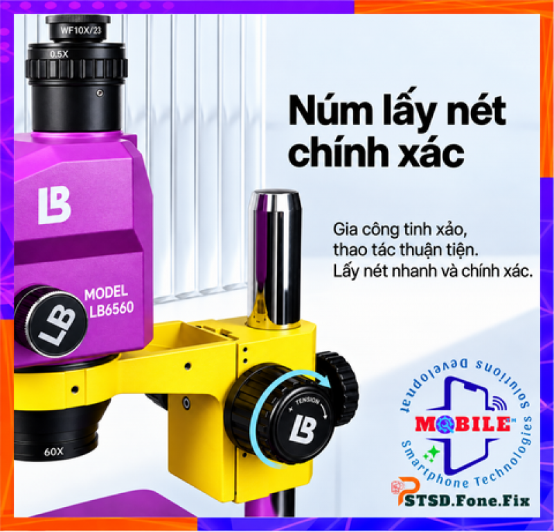 Kính hiển vi ba mắt Luban LB-6560 Zoom liên tục từ 6X đến 60X.