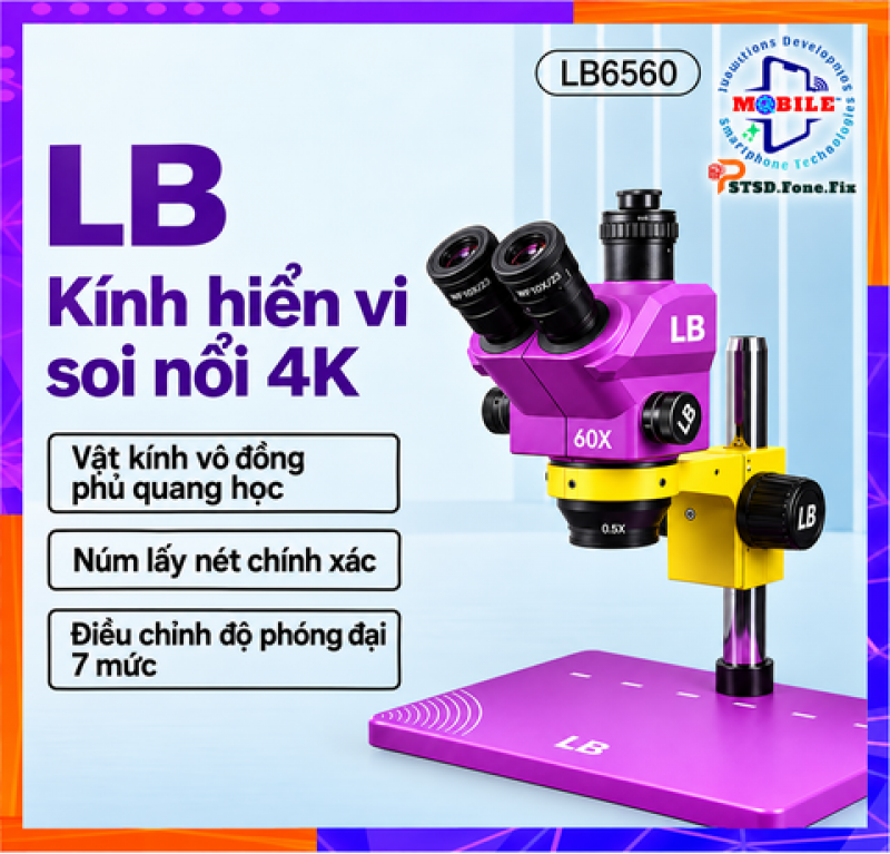 Kính hiển vi ba mắt Luban LB-6560 Zoom liên tục từ 6X đến 60X.