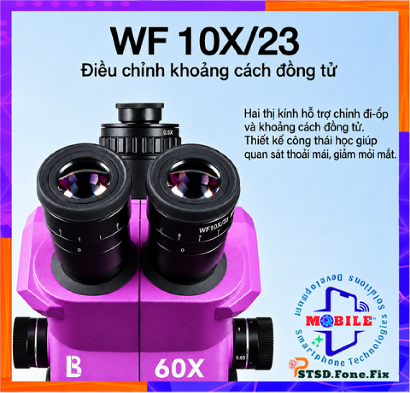 Kính hiển vi ba mắt Luban LB-6560 Zoom liên tục từ 6X đến 60X.